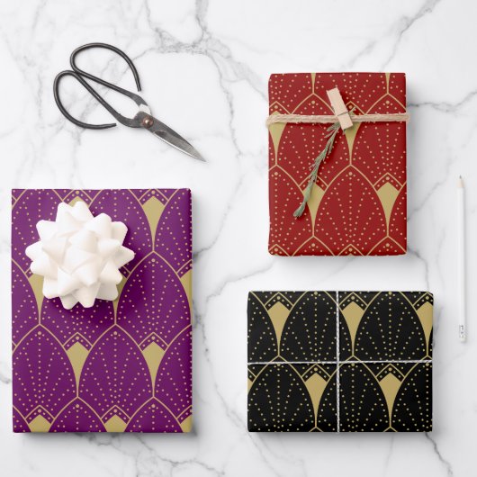 Gold Art Deco Pattern op Red Black en Paars Inpakpapier Vel (Voorkant)