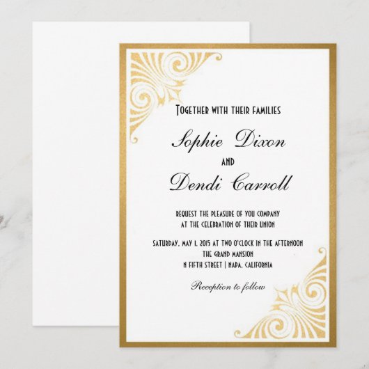 Gold Art Deco Uitnodiging voor huwelijksaankondigi (Voorkant / Achterkant)