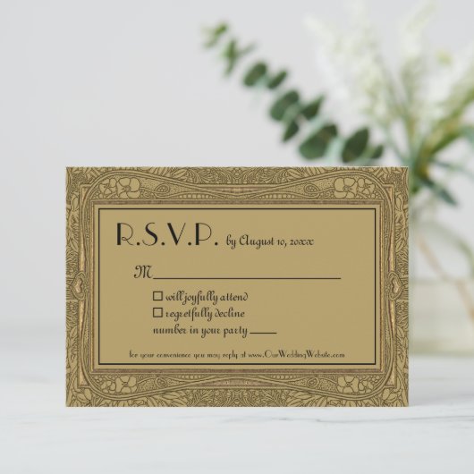 Gold Art Nouveau Elegante bruiloft RSVP Kaartje (Staand voorkant)