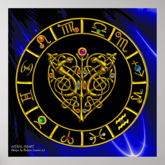 GOLD ASTRAL HEART ZODIAC SIGNE Black Blue Poster (Voorkant)