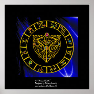 GOLD ASTRAL HEART ZODIAC SIGNE Black Blue Poster