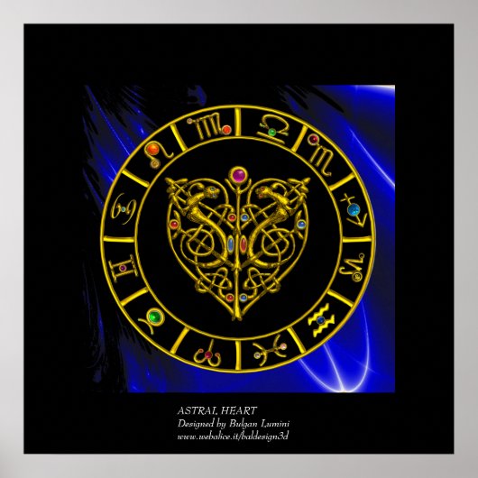 GOLD ASTRAL HEART ZODIAC SIGNE Black Blue Poster (Voorkant)