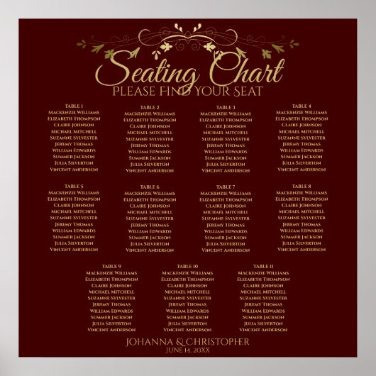 Gold & Auburn Brown 11-tabel weddenschapenkaart Poster (Voorkant)