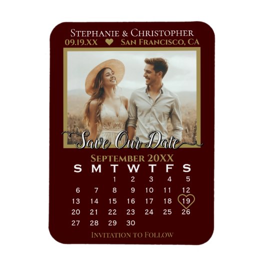 Gold & Auburn Photo Calendar Save Our Date Wedding Magneet (Verticaal)
