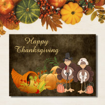 Gold Autumn Cute Turkey Couple Happy Thanksgiving