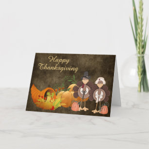 Gold Autumn Cute Turkey Couple Happy Thanksgiving Feestdagen Kaart