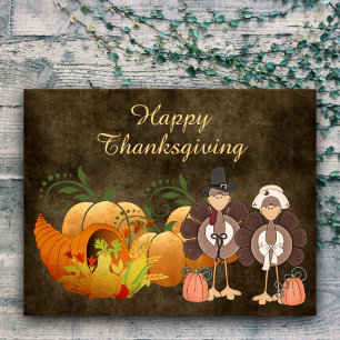 Gold Autumn Cute Turkey Couple Happy Thanksgiving Feestdagenkaart