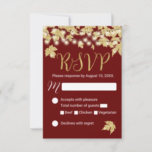 Gold Autumn Leaves Burgundy Fall Wedding RSVP (Voorkant)