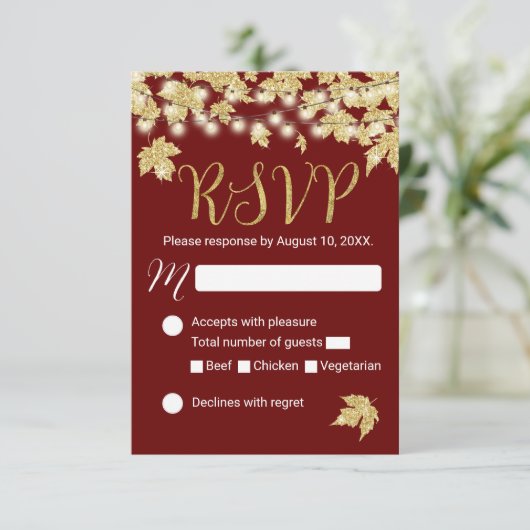 Gold Autumn Leaves Burgundy Fall Wedding RSVP (Staand voorkant)
