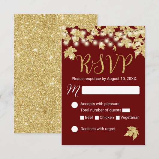 Gold Autumn Leaves Burgundy Fall Wedding RSVP (Voorkant / Achterkant)