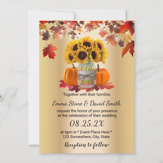 Gold Autumn Sunflower Jar Pumpkins Fall Wedding Kaart (Voorkant)