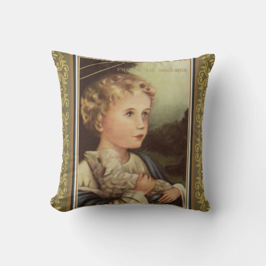 Gold Baby Jesus houdster Lamb met Latijnse woorden Kussen (Voorkant)