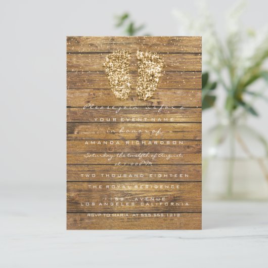 Gold Baby shower Feet Wood Rustiljongen Kaart (Staand voorkant)