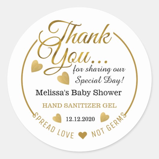 Gold Baby shower Spread Love Hand Sanitizer Favor Ronde Sticker (Voorkant)