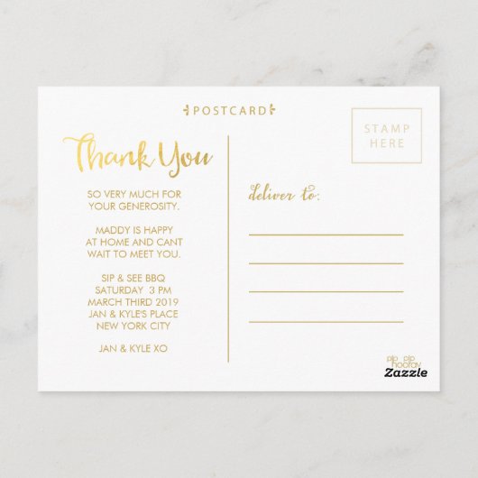 Gold Baby Sip en Zie Briefkaart Photo Template (Achterkant)