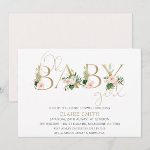 Gold Baby Word Floral Girls Baby shower Invitation Kaart
