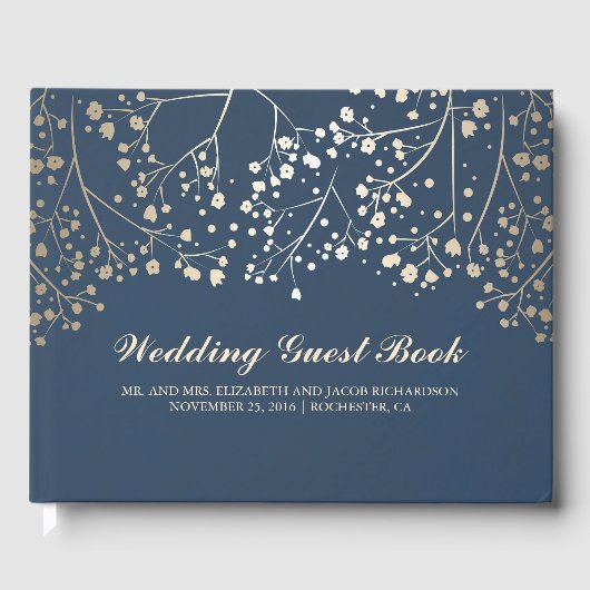 Gold Baby's Breath Bloemen Elegante Marine Trouwen Gastenboek (Voorkant)