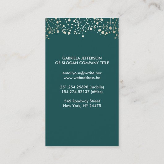 Gold Baby's Breath en Blauwgroen kleuren Elegant F Visitekaartje (Achterkant)
