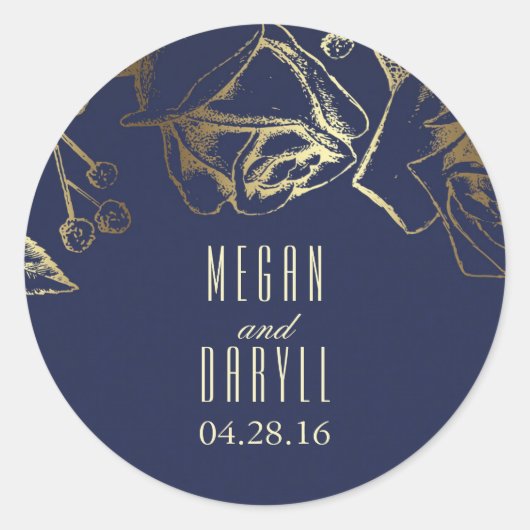 Gold Baby's Breath en Rozen Navy Bruiloft Ronde Sticker (Voorkant)