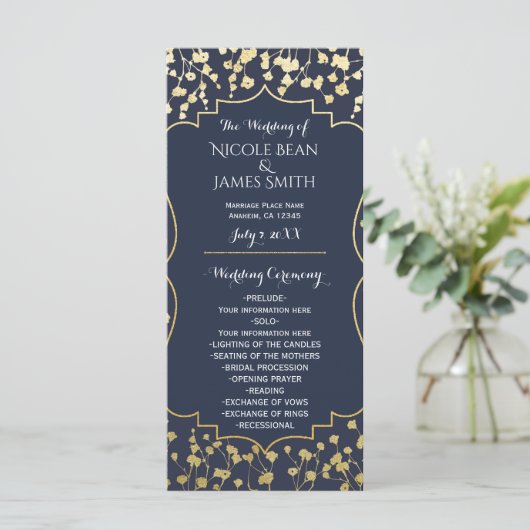 Gold Baby's Breath Floral Blue bruiloft programma Programmakaart (Staand voorkant)