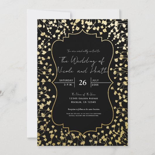 Gold Baby's Breath Floral Elegant Black Wedding Kaart (Voorkant)