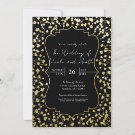Gold Baby's Breath Floral Elegant Black Wedding Kaart