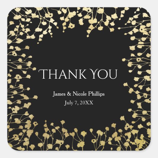 Gold Baby's Breath Floral Elegant Black Wedding Vierkante Sticker (Voorkant)