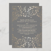 Gold Baby's Breath Floral Grey Wedding Kaart (Voorkant / Achterkant)