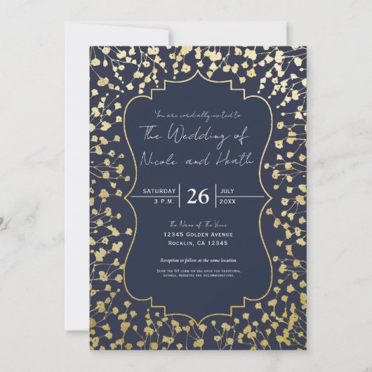 Gold Baby's Breath Floral Rustic Blue Wedding Kaart (Voorkant)
