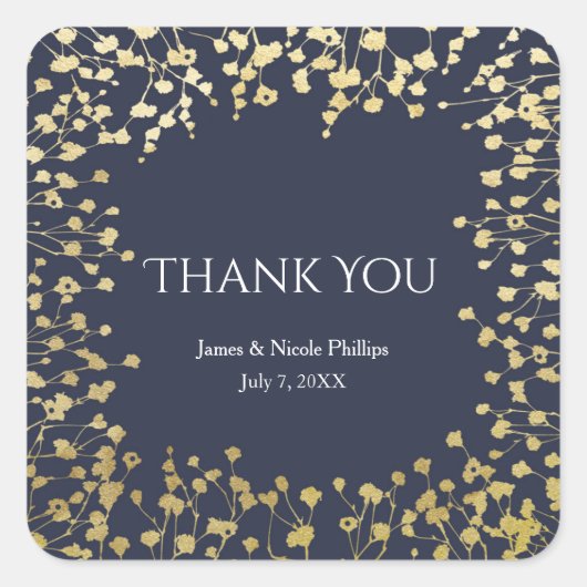 Gold Baby's Breath Floral Rustic Blue Wedding Vierkante Sticker (Voorkant)