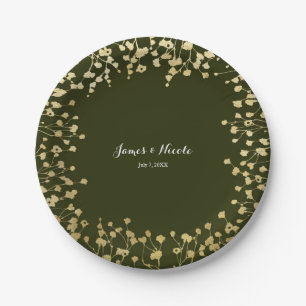 Gold Baby's Breath Floral Rustic Olive Green Papieren Bordje