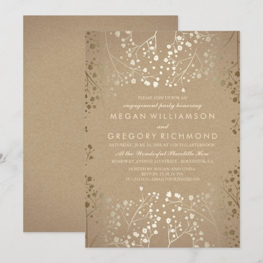 Gold Baby's Breath Kraft Engagement Party Kaart (Voorkant / Achterkant)