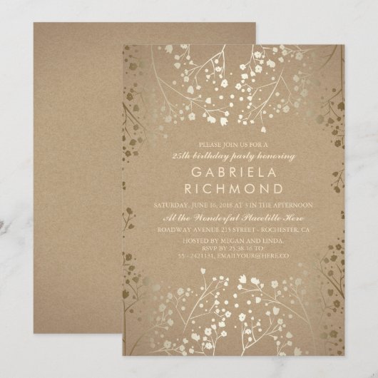 Gold Baby's Breath Kraft Verjaardagsfeestje Kaart (Voorkant / Achterkant)