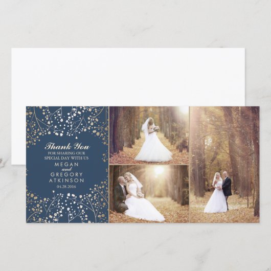 Gold Baby's Breath Navy Trouwfoto Dank u Bedankkaart (Voorkant / Achterkant)