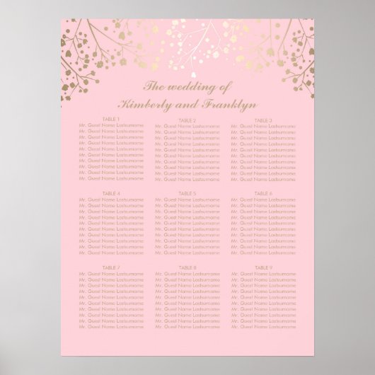 Gold Baby's Breath Pink Wedding Seating Chart Poster (Voorkant)