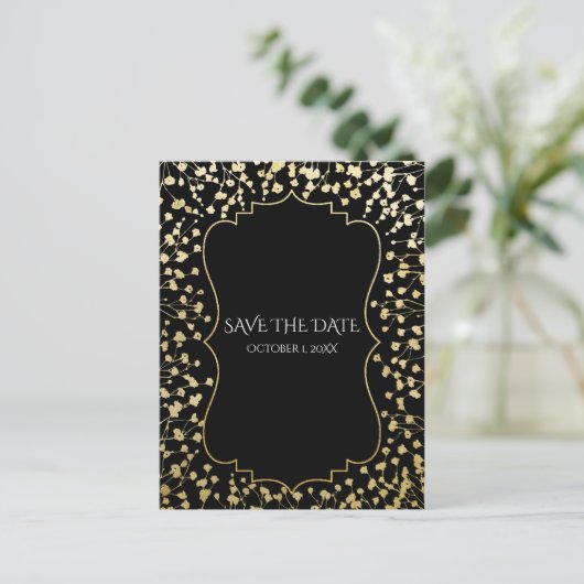Gold Baby's Grote Floral Rustic Black Save Date Aankondigingskaart (Staand voorkant)