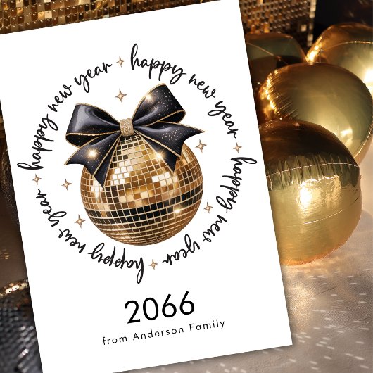 Gold Ball Black Bow Happy New Year 2026 Non Photo Feestdagenkaart