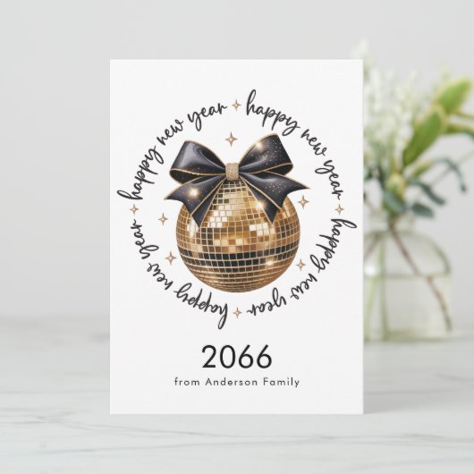 Gold Ball Black Bow Happy New Year 2026 Non Photo Feestdagenkaart (Staand voorkant)
