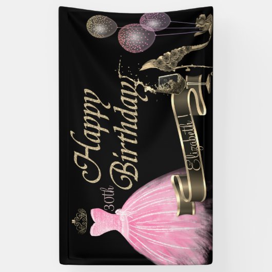 Gold-ballonnen, glas, hiel, vormdruk, zwart spandoek (Verticaal)