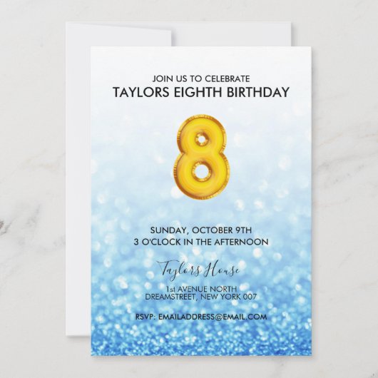 Gold Balloon Blue Glitter 8e verjaardagsfeest Kaart (Voorkant)