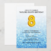 Gold Balloon Blue Glitter 8e verjaardagsfeest Kaart (Voorkant / Achterkant)