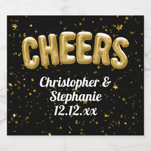 Gold Balloon Confetti Cheers Custom Bridal Weddens Sparkling Wijnetiket (Enkel label)