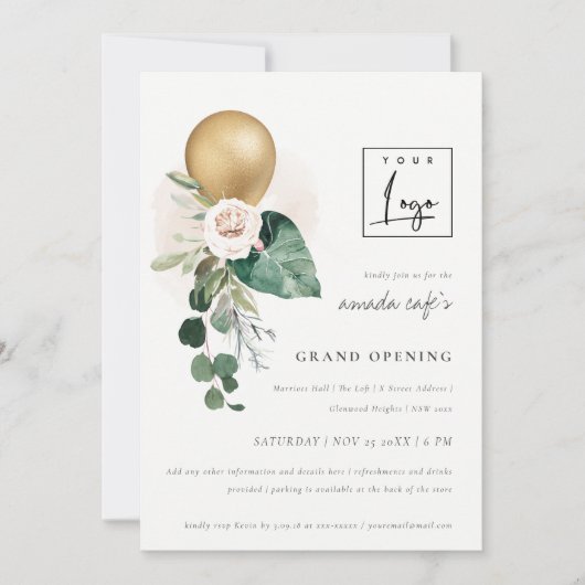 Gold Balloon Floral Logo Grand Opening Invite Bedankkaart (Voorkant)