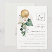 Gold Balloon Floral Logo Grand Opening Invite Bedankkaart (Voorkant / Achterkant)