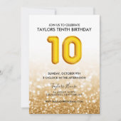 Gold Balloon Glitter 10th Birthday Party Kaart (Voorkant)