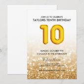 Gold Balloon Glitter 10th Birthday Party Kaart (Voorkant / Achterkant)