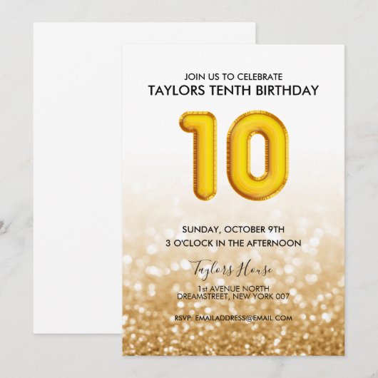 Gold Balloon Glitter 10th Birthday Party Kaart (Voorkant / Achterkant)