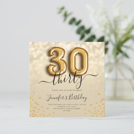 Gold Balloon Glitter 30th Birthday Party Invite Kaart (Staand voorkant)