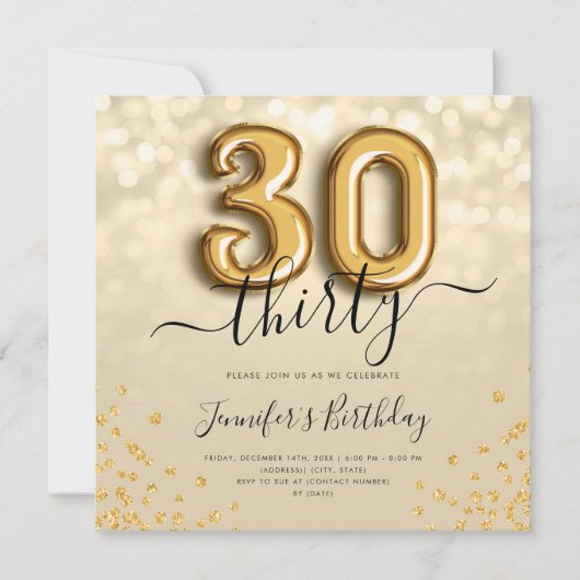Gold Balloon Glitter 30th Birthday Party Invite Kaart (Voorkant)