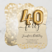 Gold Balloon Glitter 40th Birthday Party Invite Kaart (Voorkant / Achterkant)